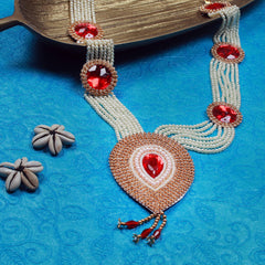 Krypmax Men's Wedding Necklace Groom Jewellery, Traditional Dulha Long Paan Haar (Red Stones Design)