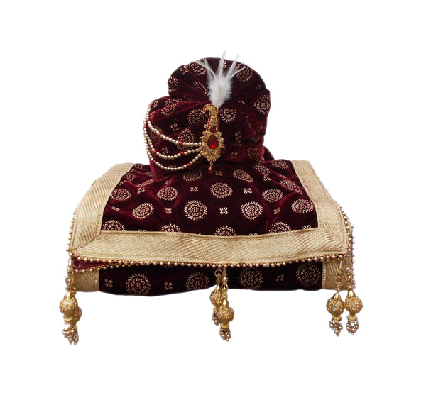 Krypmax Mens Printed Velvet Traditional Ethnic Safa/Turban/Pagdi/Pagri (Maroon Color) with Velvet Dupatta