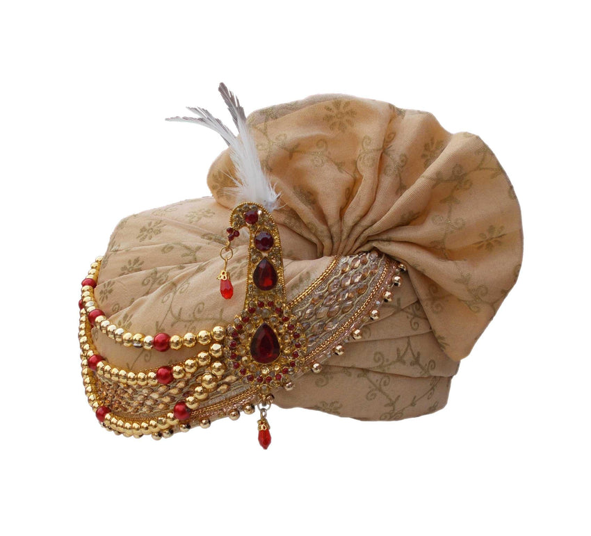 Krypmax Men's Floral Wedding Safa/Turban/Pagdi, Dulha Groom Jodhpuri Pagri (Peach Brown, 22.5 Inch Size)