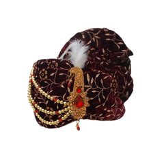 Krypmax Mens Flower Bail Printed Velvet Traditional Ethnic Safa/Turban/Pagdi/Pagri & Shawl (Maroon Color, Turban Size: 22 to 22.5 Inch)