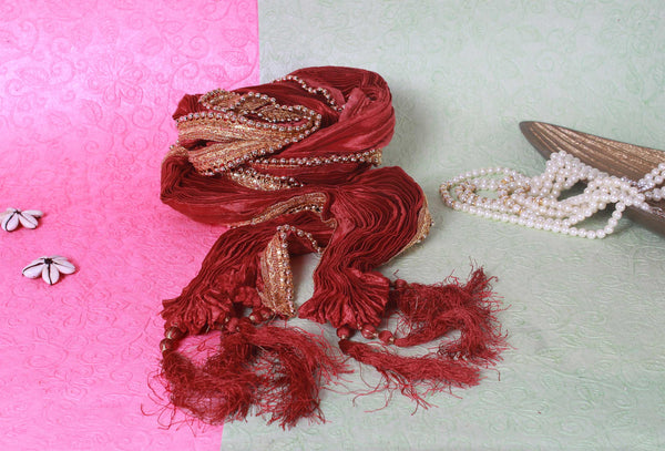 Krypmax Men's Silk Moti Lace Pleated Dupatta Stole Chunni (Maroon, 2.5 Metre Length)