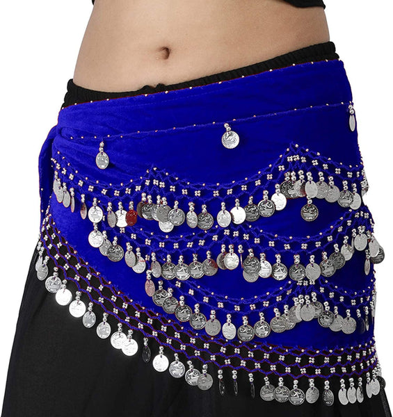 Krypmax Belly Dance Velvet Hip Scarf Waist Belt with 250 Silver Coins for Women and Girls