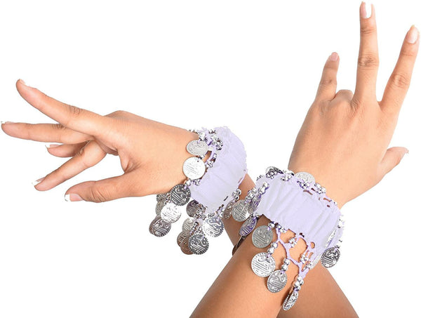 Krypmax Indian Dance Wear, Belly Dance Accessories Silver Coins Dancing Hand Bracelets (1 Pair) for Adult | Stage Performance Wear
