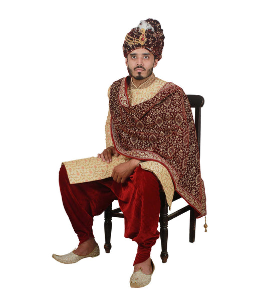 Krypmax Printed Velvet Sherwani Maharaja Look Shawl for Men Wedding, Dulha Shawl (Maroon, 2.5 Metre Long)