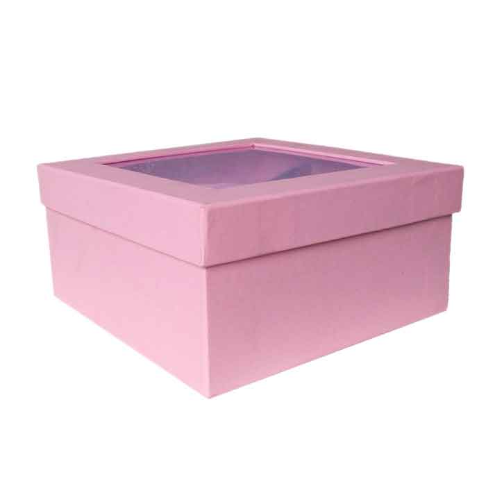 Krypmax Square Shape Partition Included Window Lid Gift Box, Light Pink (Size: 18.5 x 18.5 x 9 cm)