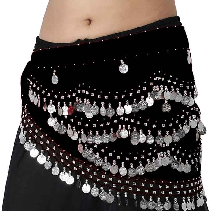 Krypmax Belly Dance Velvet Hip Scarf Waist Belt with 250 Silver Coins for Women and Girls