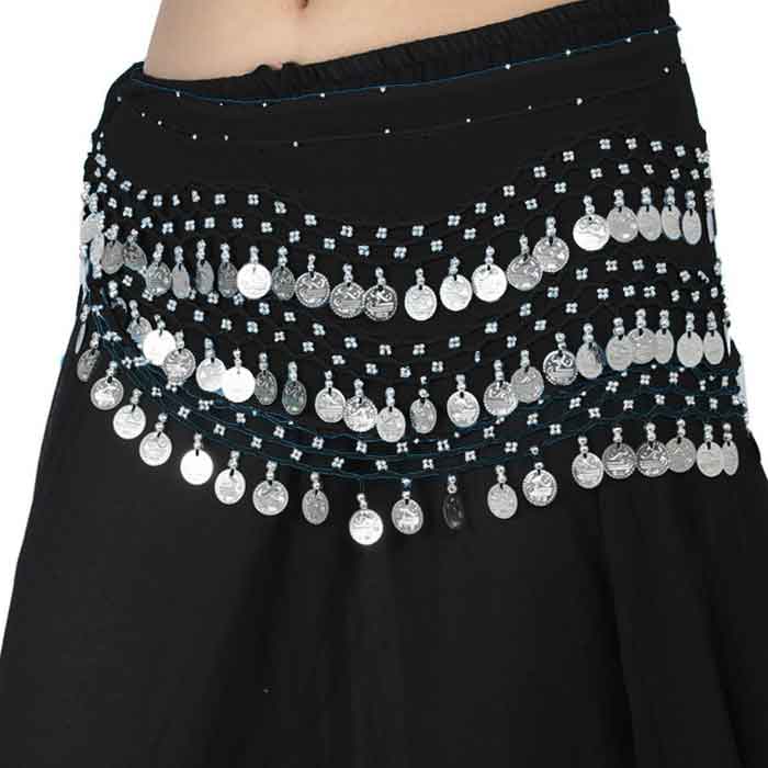 Krypmax Women's Chiffon Belly Dance Hip Scarf Waistband Belt Skirt with 130 Silver Coins