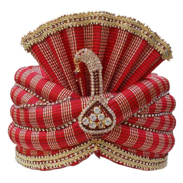 Krypmax Shiny Line on Red Color Traditional Readymade Ethnic Men Wedding Safa/Turban/Pagdi/Pheta/Pagri