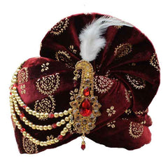 Krypmax Mens Printed Velvet Traditional Ethnic Safa/Turban/Pagdi/Pagri (Maroon Color) with Velvet Dupatta