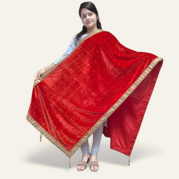 Krypmax Women's Velvet Hand Work Wedding Stole/Shawl/Dupatta (Red Colour)