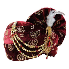 Krypmax Mens Printed Velvet Traditional Ethnic Safa/Turban/Pagdi/Pagri (Maroon Color) with Velvet Dupatta