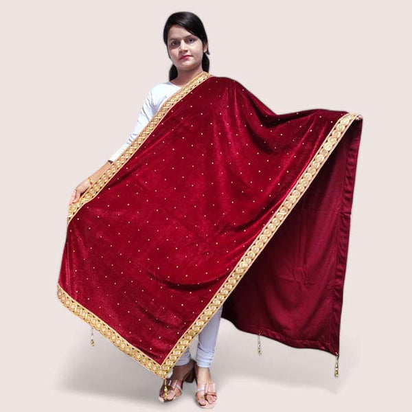 Krypmax Women's Velvet Hand Work Wedding Stole/Shawl/Dupatta (Maroon Colour)