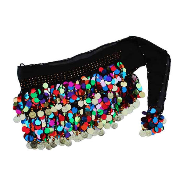 KRYPMAX Women's Chiffon Belly Dance Hip Scarf Waistband Belt Skirt Mixed Colours Beads And Golden Coins (640 Plastic Coins + 64 Metal Coins) - Multi