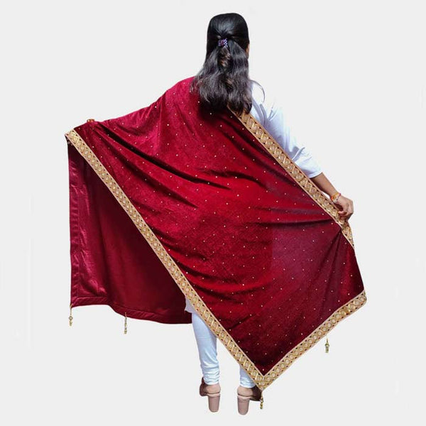 Krypmax Women's Velvet Hand Work Wedding Stole/Shawl/Dupatta (Maroon Colour)