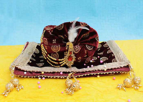 Krypmax Mens Printed Velvet Traditional Ethnic Safa/Turban/Pagdi/Pagri (Maroon Color) with Velvet Dupatta